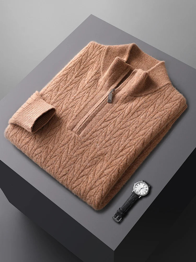 Sweter męski z wełny merynosów ze stójką i zamkiem do połowy
