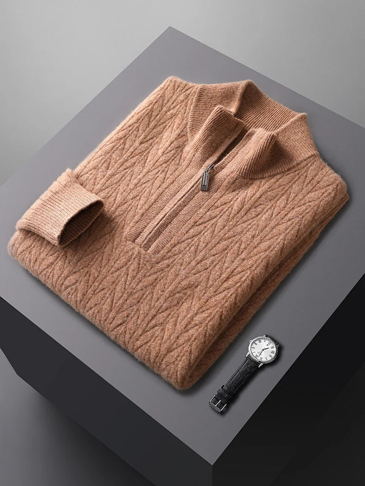 Sweter męski z wełny merynosów ze stójką i zamkiem do połowy