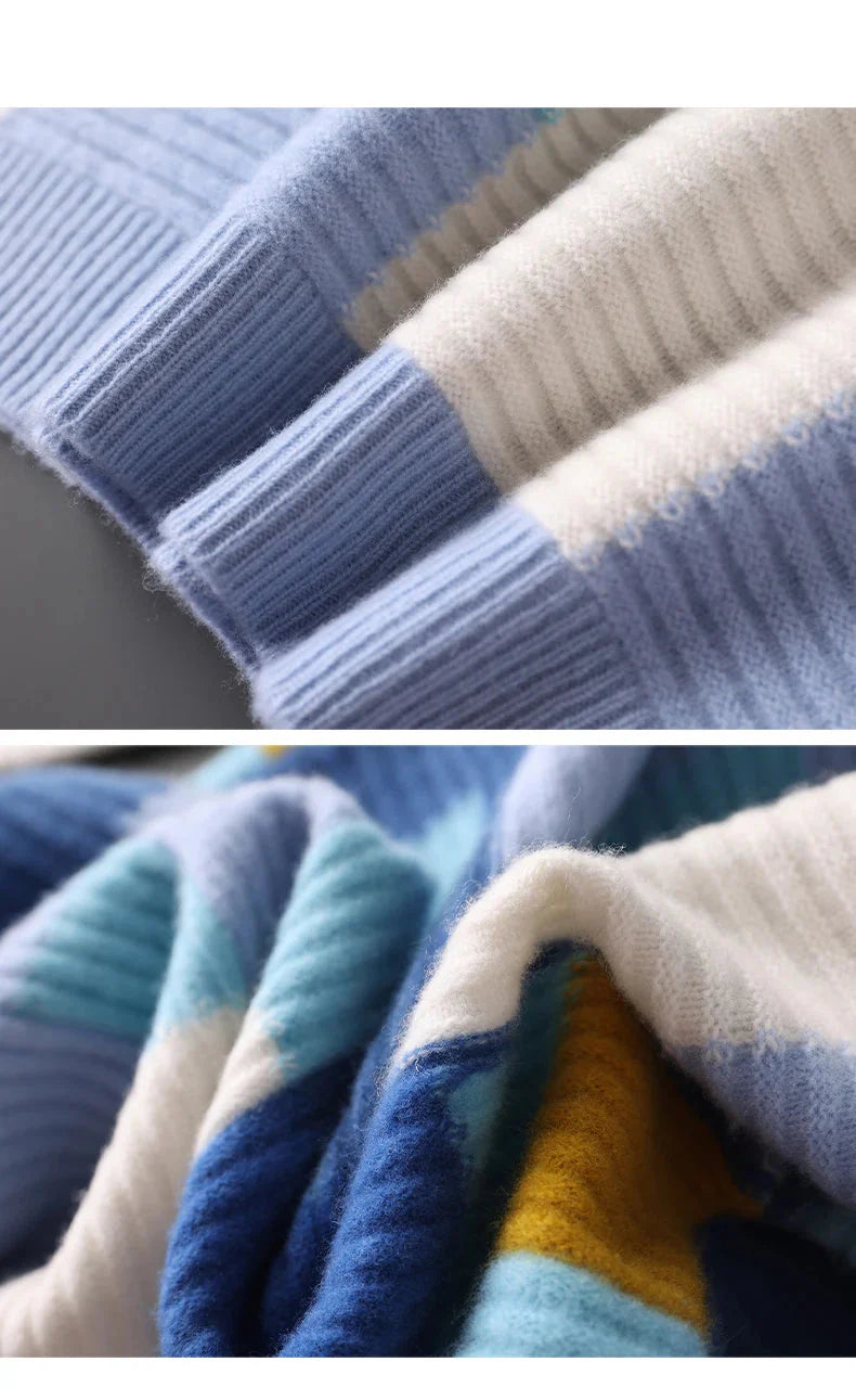 Sweter męski z 100% wełny merynosów – wzór geometryczny, okrągły dekolt