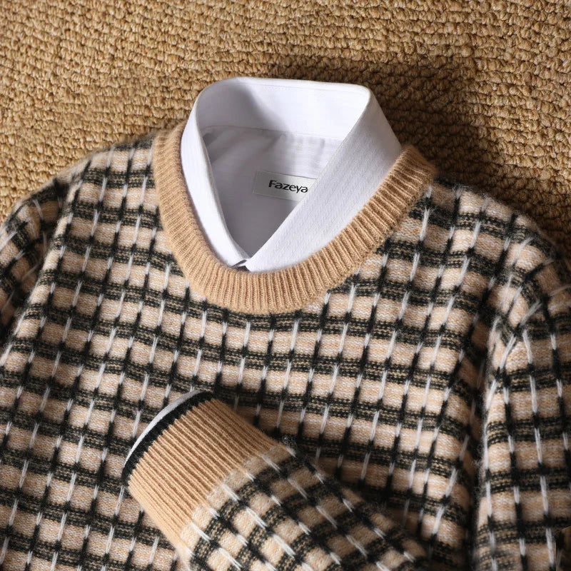 Sweter męski z 100% wełny merynosów w kratkę z okrągłym dekoltem