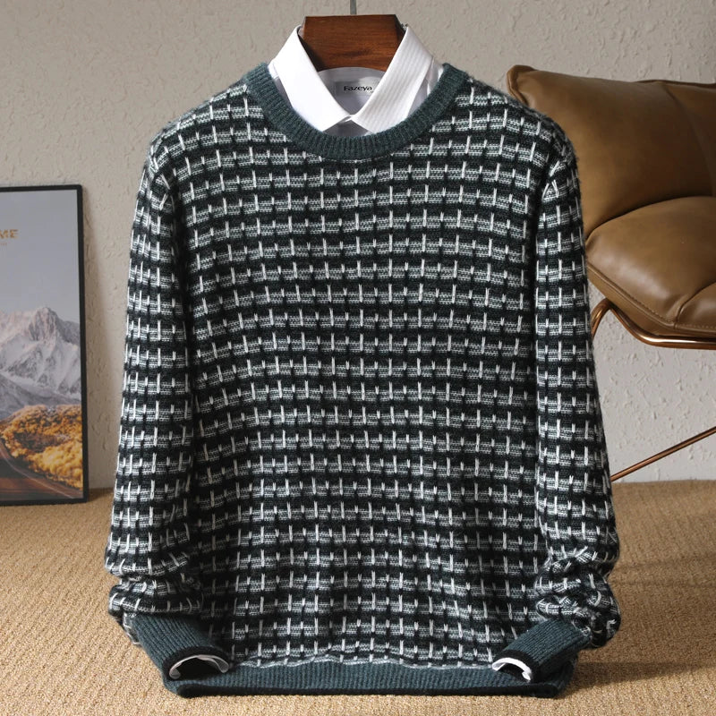 Sweter męski z 100% wełny merynosów w kratkę z okrągłym dekoltem