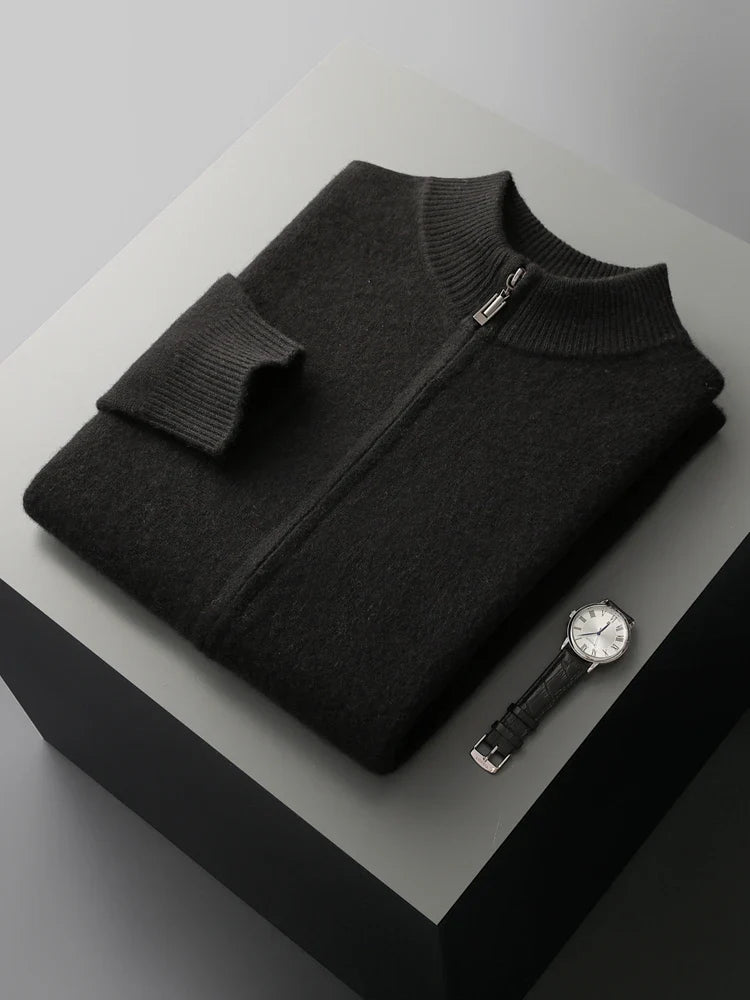 Męski sweter rozpinany z wełny merino – 100% australijska wełna, elegancki kardigan z zamkiem
