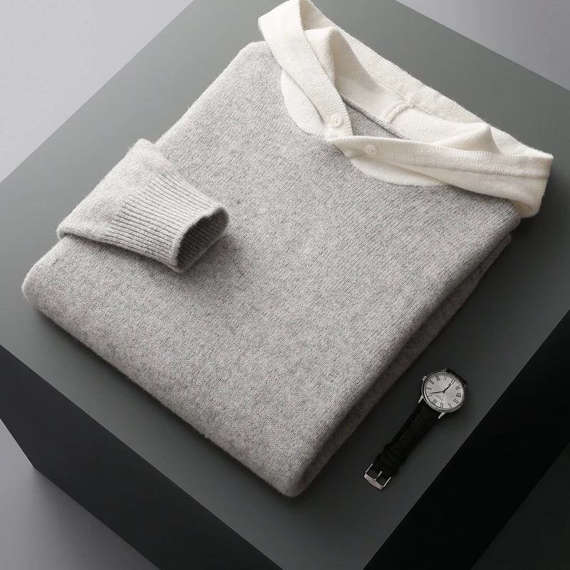 Sweter męski z 100% wełny merynosów – z kapturem i kieszenią, styl casual