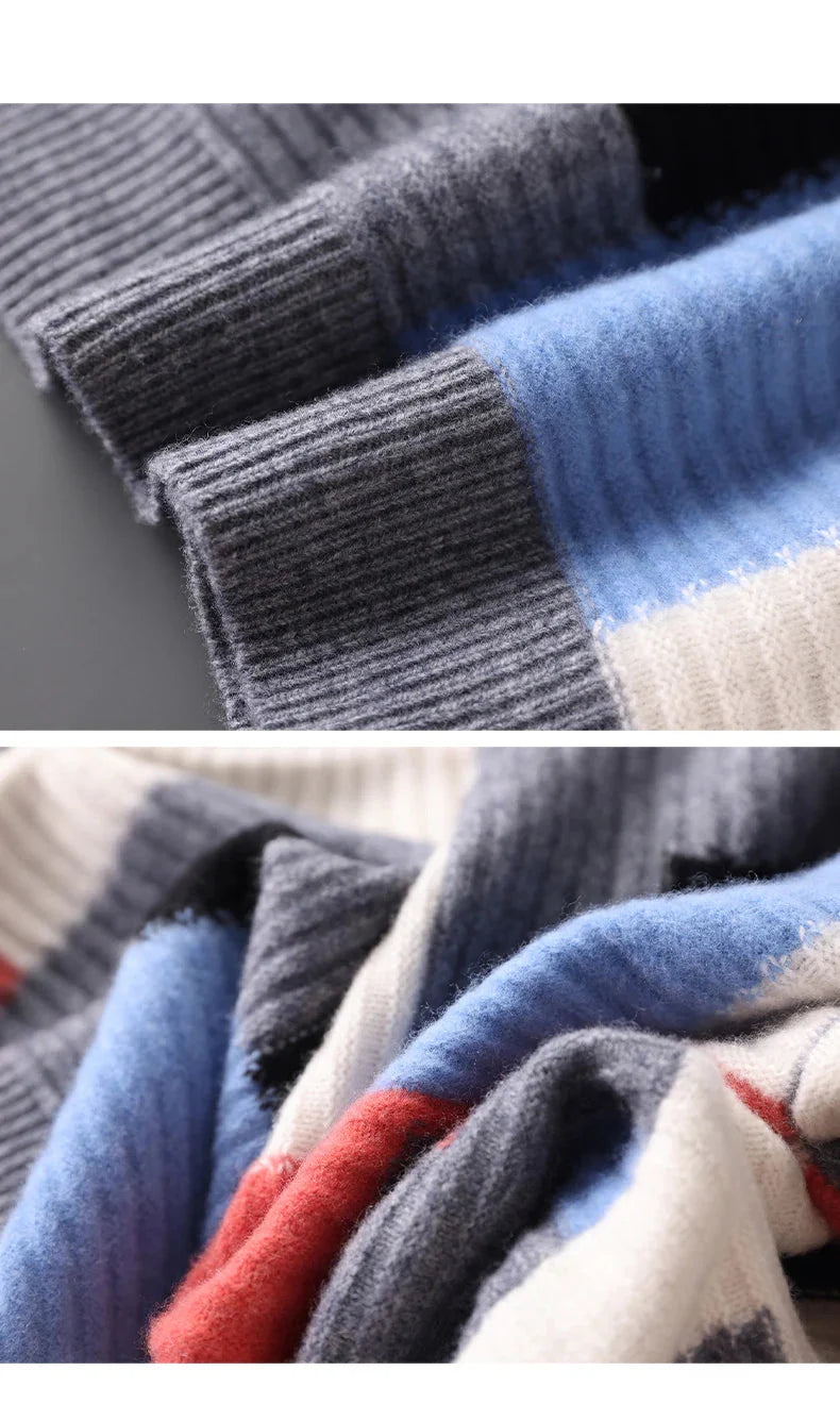 Sweter męski z 100% wełny merynosów – wzór geometryczny, okrągły dekolt