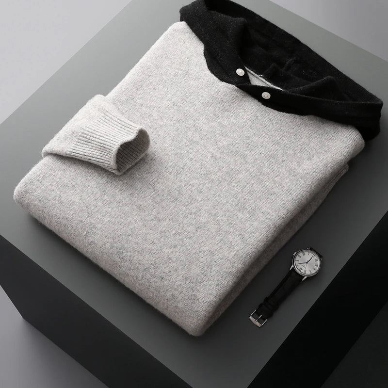 Sweter męski z 100% wełny merynosów – z kapturem i kieszenią, styl casual