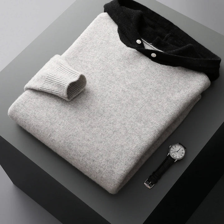 Sweter męski z 100% wełny merynosów – z kapturem i kieszenią, styl casual