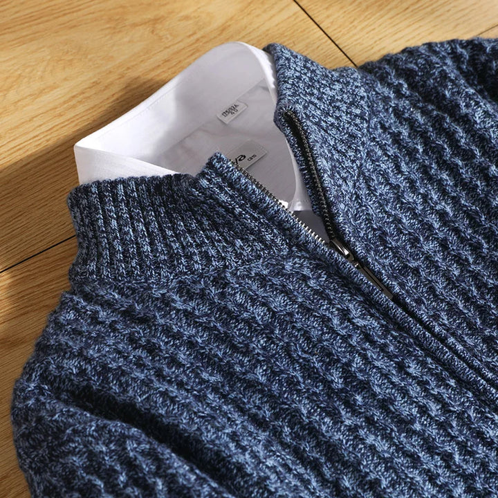 Sweter męski zapinany na zamek z 100% wełny merynosów – gruby splot i stójka