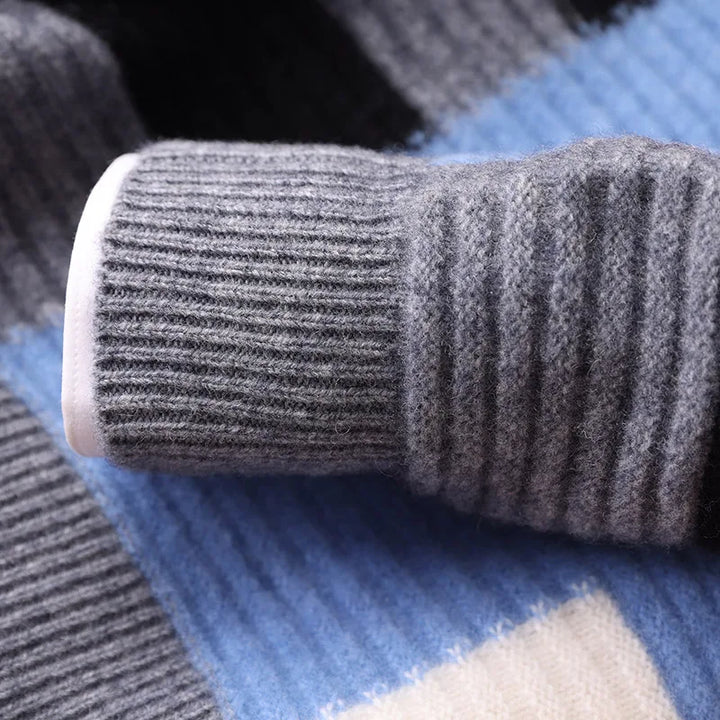 Sweter męski z 100% wełny merynosów – wzór geometryczny, okrągły dekolt
