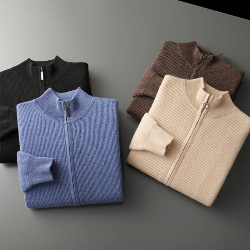 Sweter męski z wełny i kaszmiru – zapinany na zamek, prążkowany, stójka