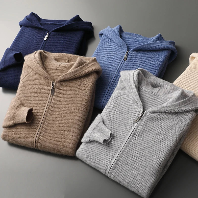 Męska bluza z kapturem z wełny merino – 100% naturalna wełna, rozpinana, ciepła i oddychająca