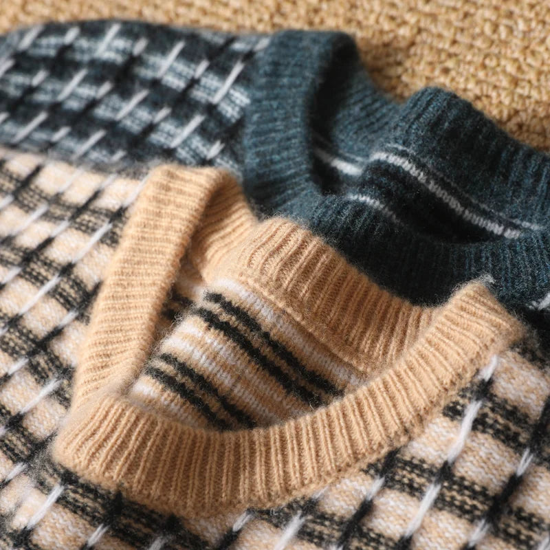 Sweter męski z 100% wełny merynosów w kratkę z okrągłym dekoltem