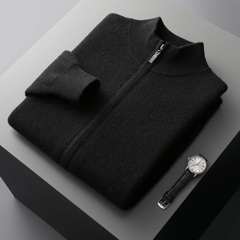 Sweter męski z wełny i kaszmiru – zapinany na zamek, prążkowany, stójka