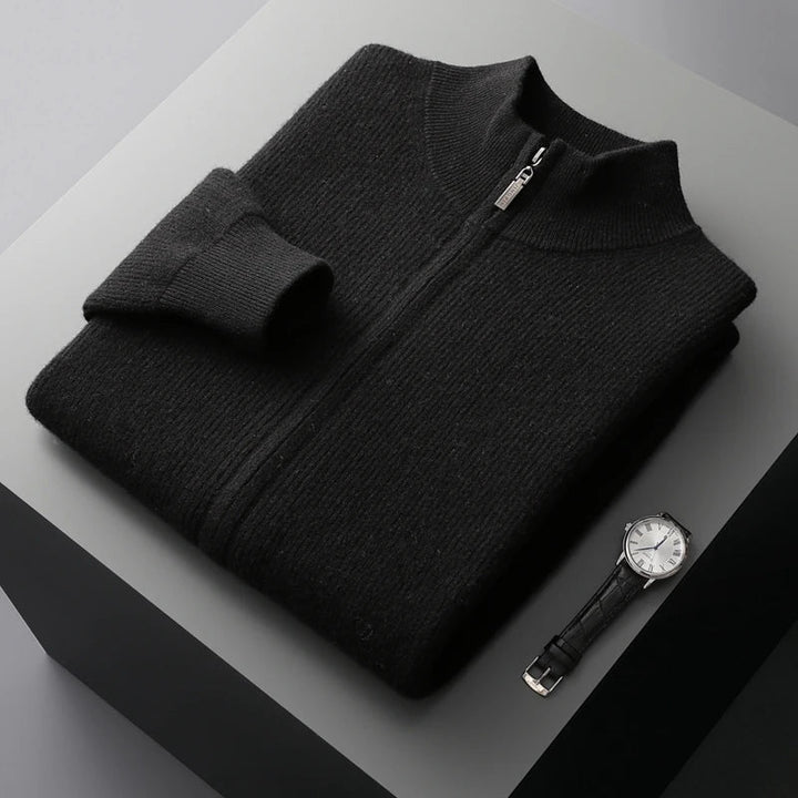 Sweter męski z wełny i kaszmiru – zapinany na zamek, prążkowany, stójka