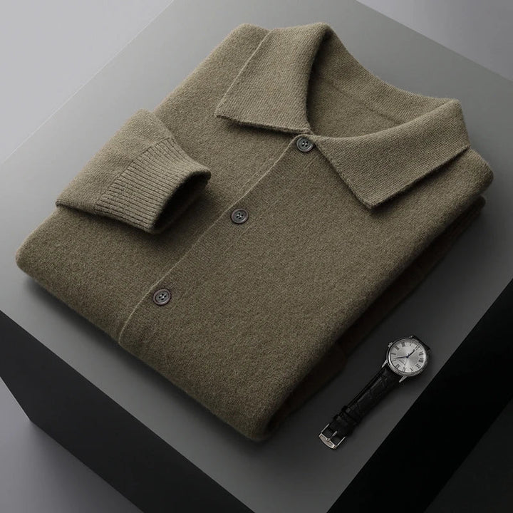 Sweter męski z 100% wełny merynosów – cardigan z kołnierzem i guzikami