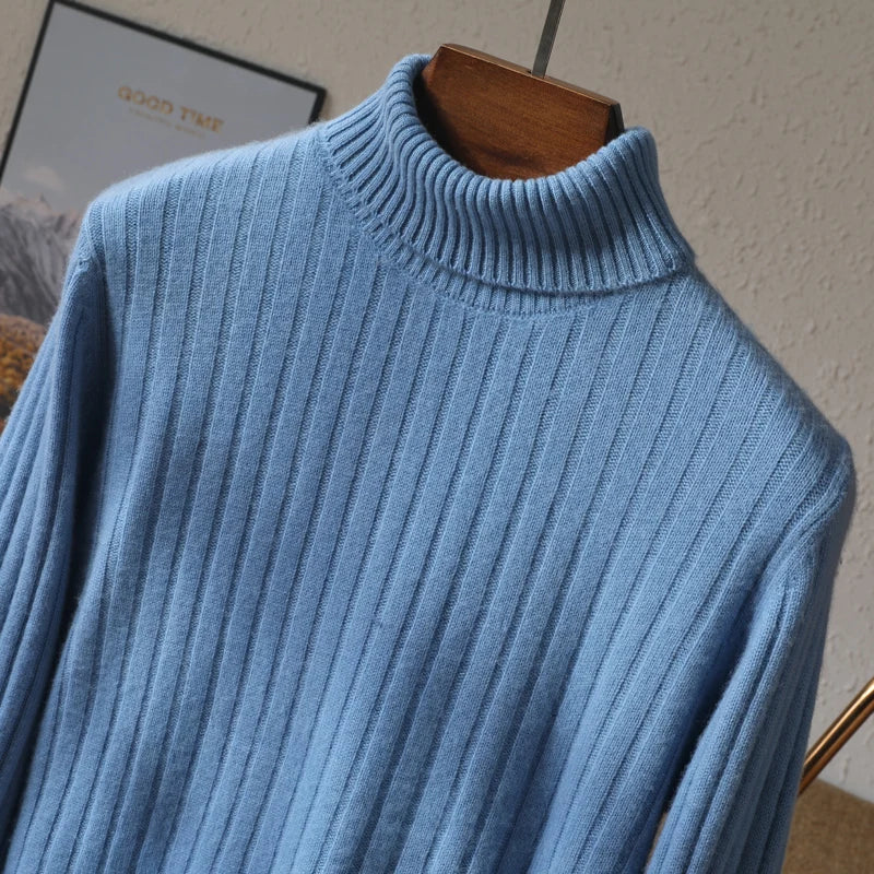Golf męski z 100% wełny merynosów – prążkowany, ciepły i elegancki