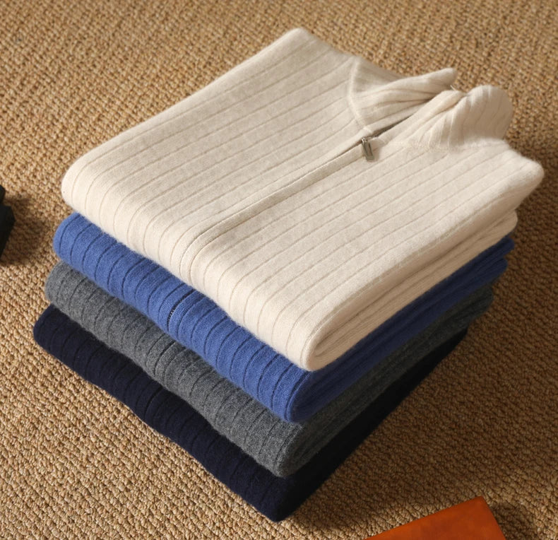 Sweter męski z 100% wełny merynosów ze stójką i zamkiem – prążkowany i stylowy