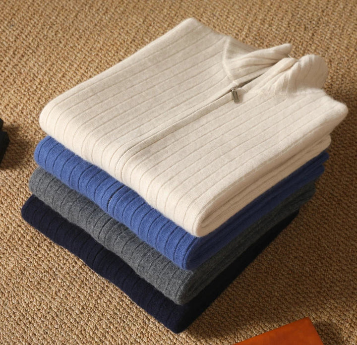 Sweter męski z 100% wełny merynosów ze stójką i zamkiem – prążkowany i stylowy