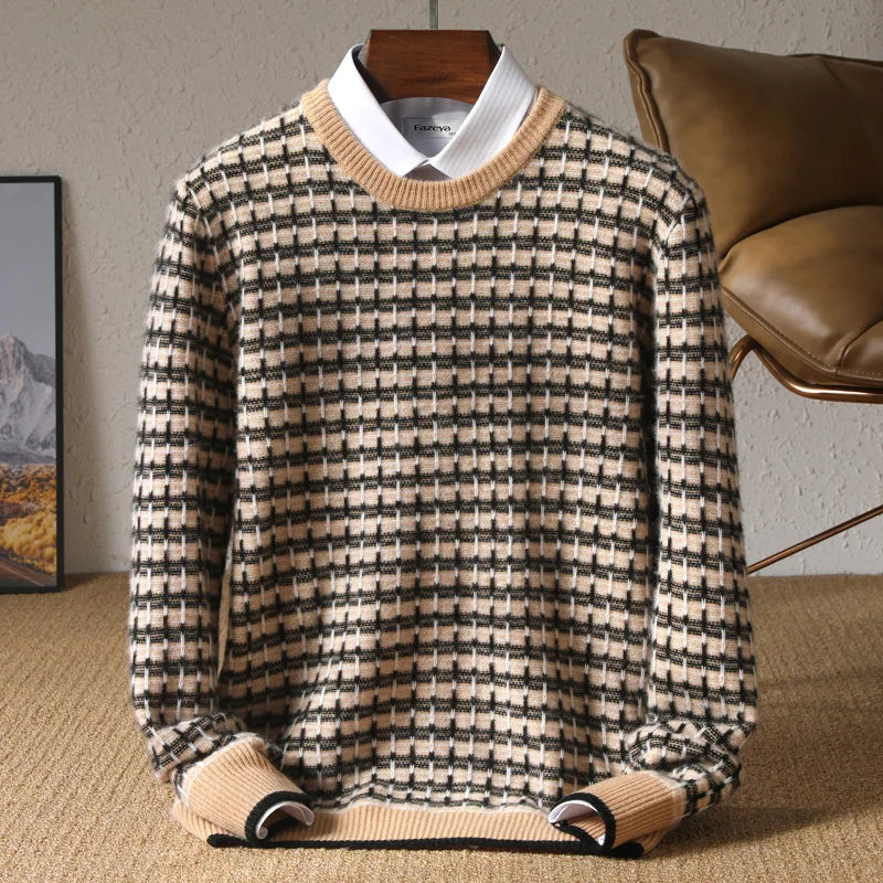 Sweter męski z 100% wełny merynosów w kratkę z okrągłym dekoltem