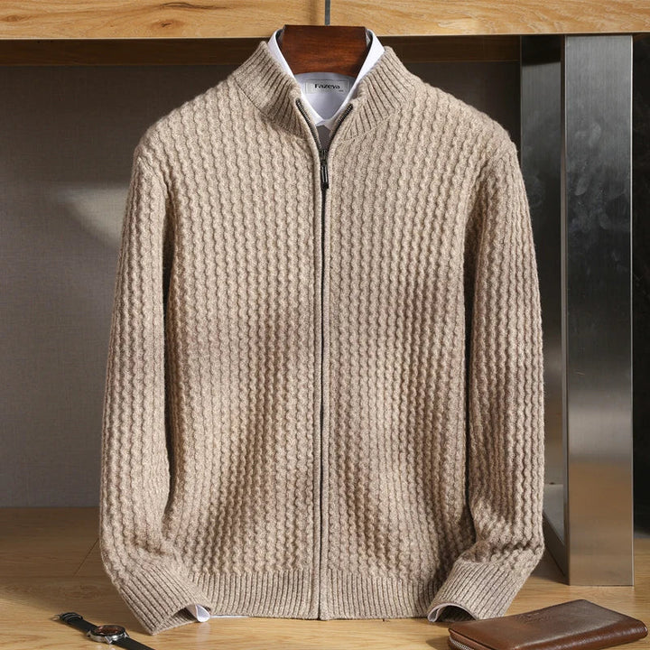 Sweter męski zapinany na zamek z 100% wełny merynosów – gruby splot i stójka