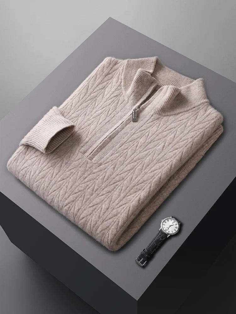 Sweter męski z wełny merynosów ze stójką i zamkiem do połowy