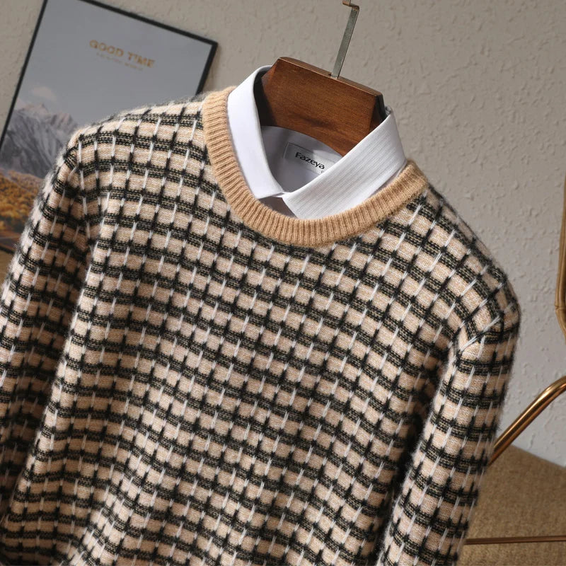 Sweter męski z 100% wełny merynosów w kratkę z okrągłym dekoltem