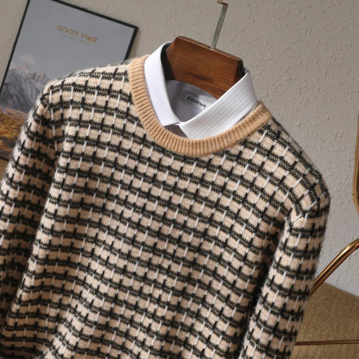Sweter męski z 100% wełny merynosów w kratkę z okrągłym dekoltem