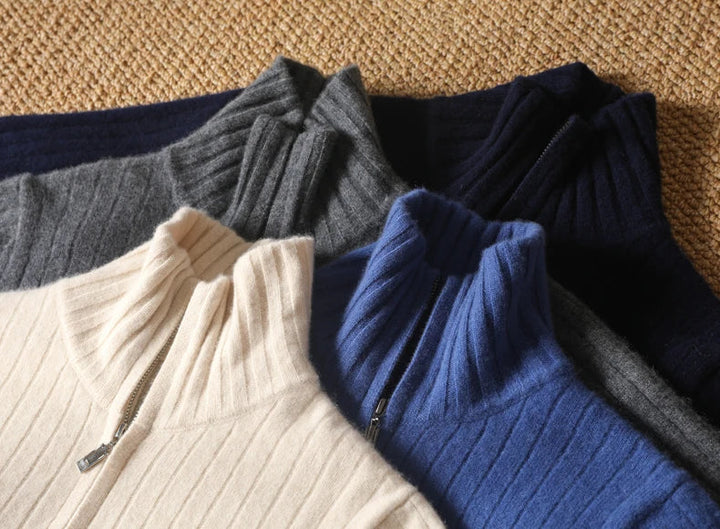 Sweter męski z 100% wełny merynosów ze stójką i zamkiem – prążkowany i stylowy