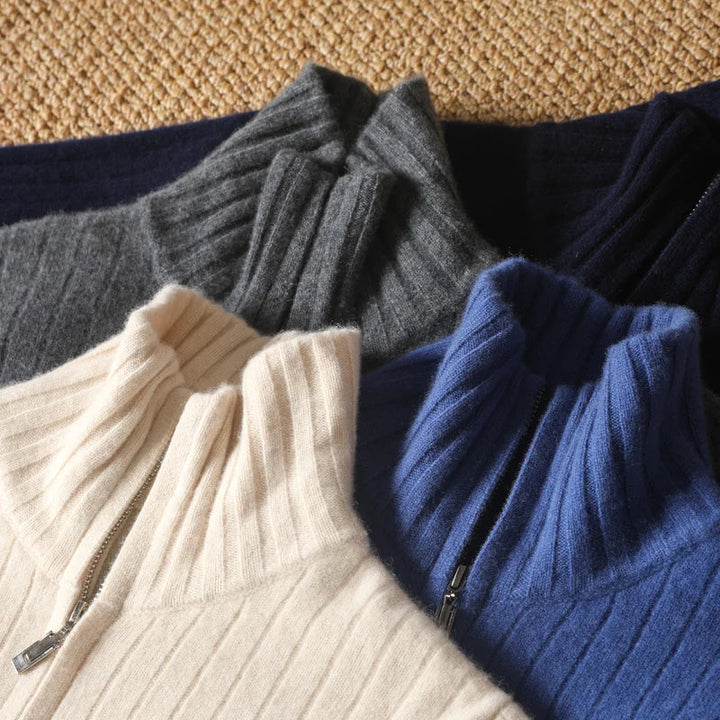 Sweter męski z 100% wełny merynosów ze stójką i zamkiem – prążkowany i stylowy