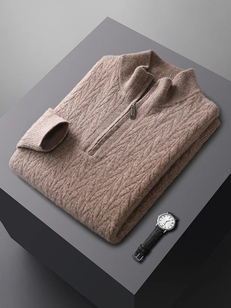 Sweter męski z wełny merynosów ze stójką i zamkiem do połowy