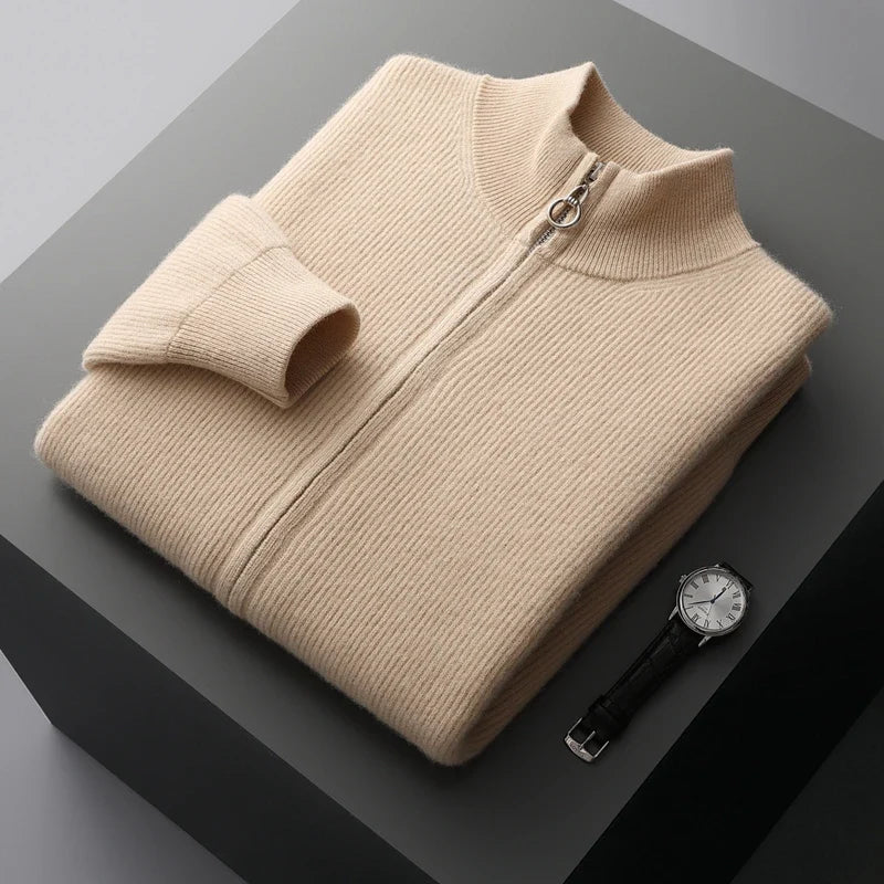 Sweter męski z wełny i kaszmiru – zapinany na zamek, prążkowany, stójka