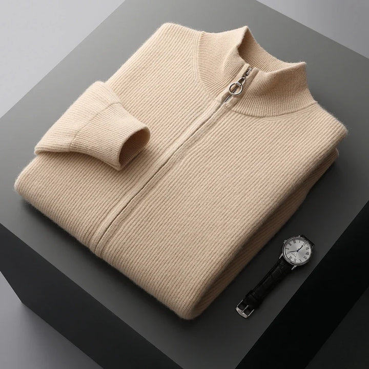Sweter męski z wełny i kaszmiru – zapinany na zamek, prążkowany, stójka