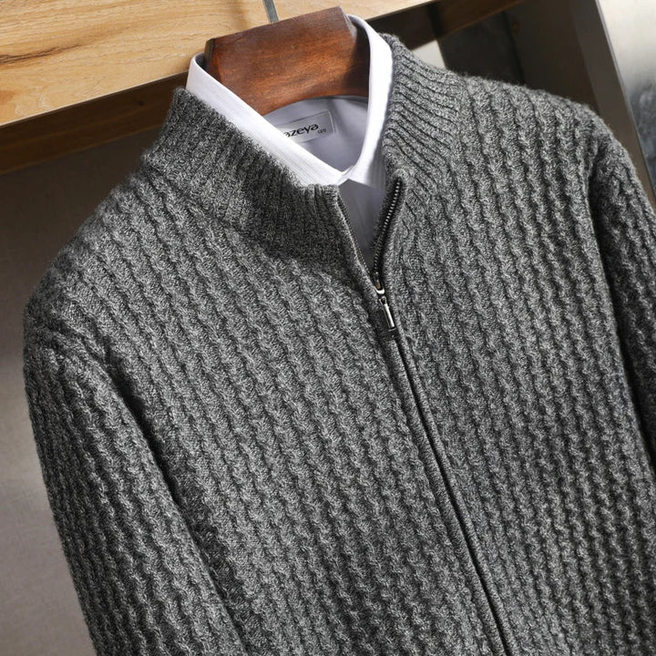Sweter męski zapinany na zamek z 100% wełny merynosów – gruby splot i stójka
