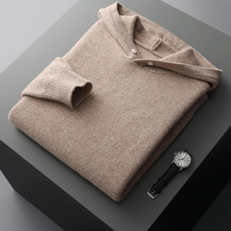 Sweter męski z 100% wełny merynosów – z kapturem i kieszenią, styl casual