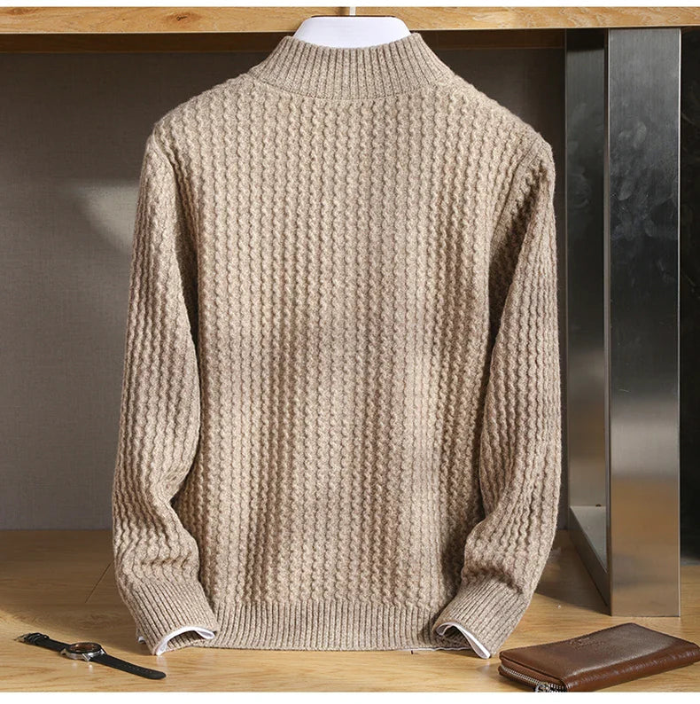 Sweter męski zapinany na zamek z 100% wełny merynosów – gruby splot i stójka