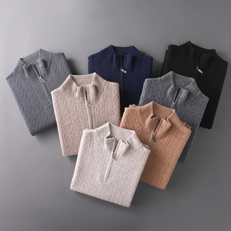 Sweter męski z wełny merynosów ze stójką i zamkiem do połowy