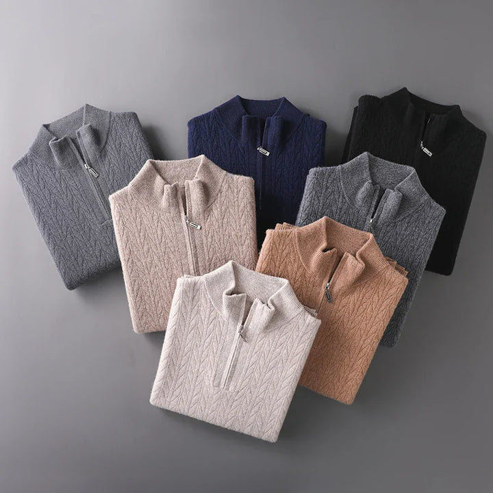 Sweter męski z wełny merynosów ze stójką i zamkiem do połowy