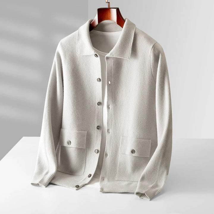 Sweter męski z 100% wełny merynosów – cardigan z kołnierzem i guzikami