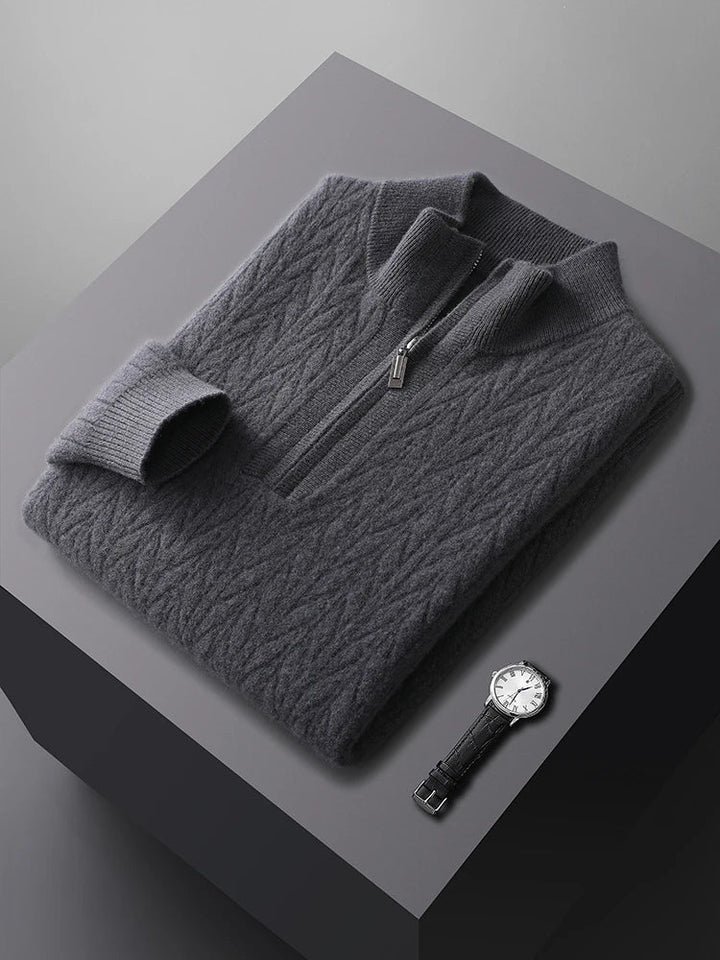 Sweter męski z wełny merynosów ze stójką i zamkiem do połowy