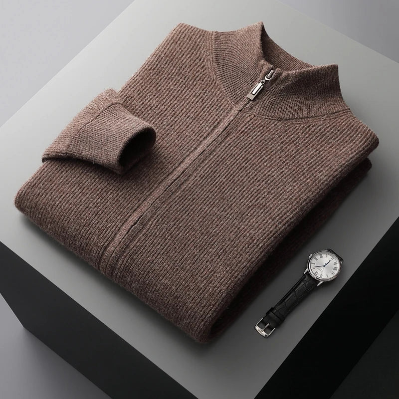 Sweter męski z wełny i kaszmiru – zapinany na zamek, prążkowany, stójka