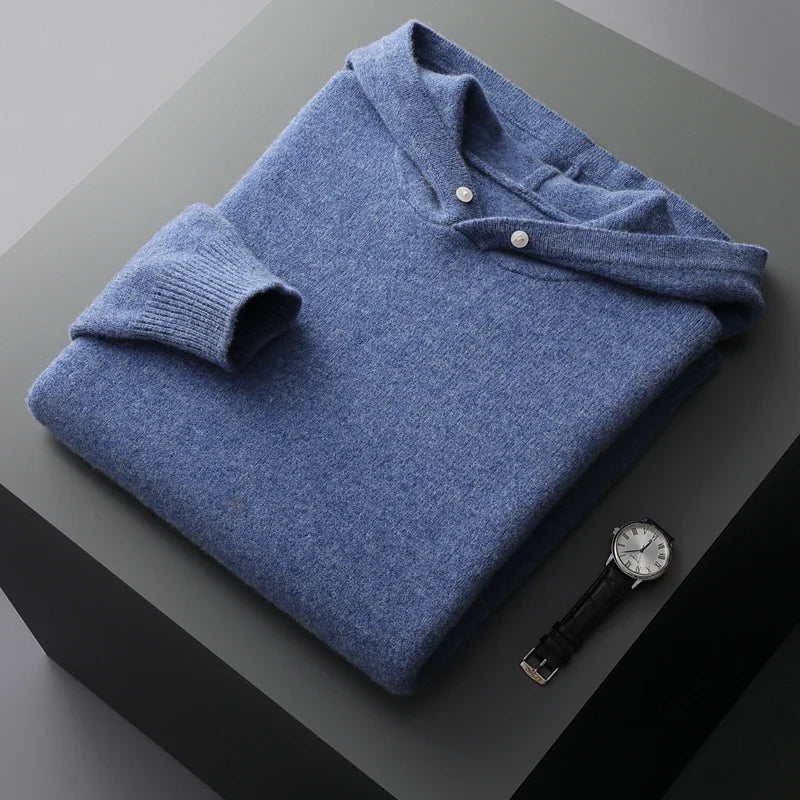 Sweter męski z 100% wełny merynosów – z kapturem i kieszenią, styl casual