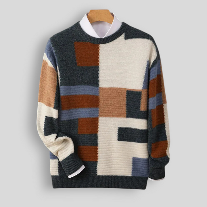 Sweter męski z 100% wełny merynosów – wzór geometryczny, okrągły dekolt