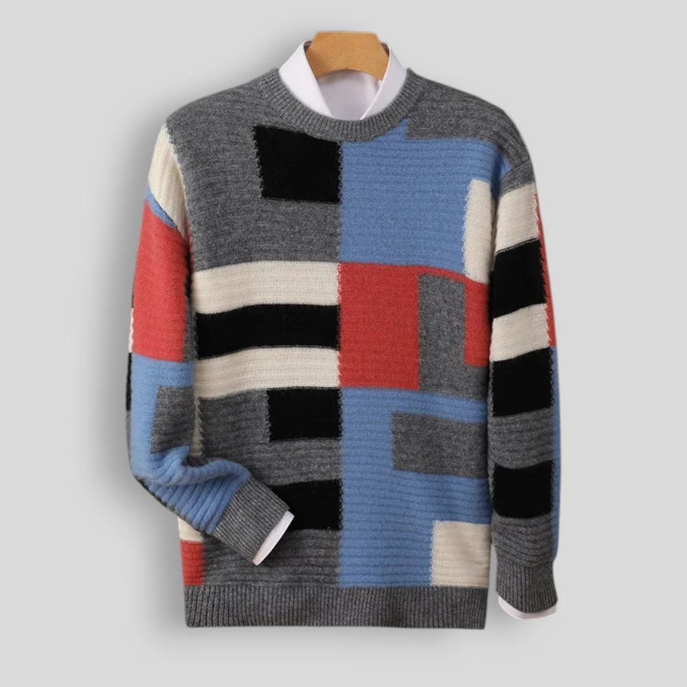 Sweter męski z 100% wełny merynosów – wzór geometryczny, okrągły dekolt