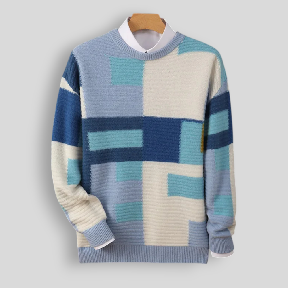 Sweter męski z 100% wełny merynosów – wzór geometryczny, okrągły dekolt