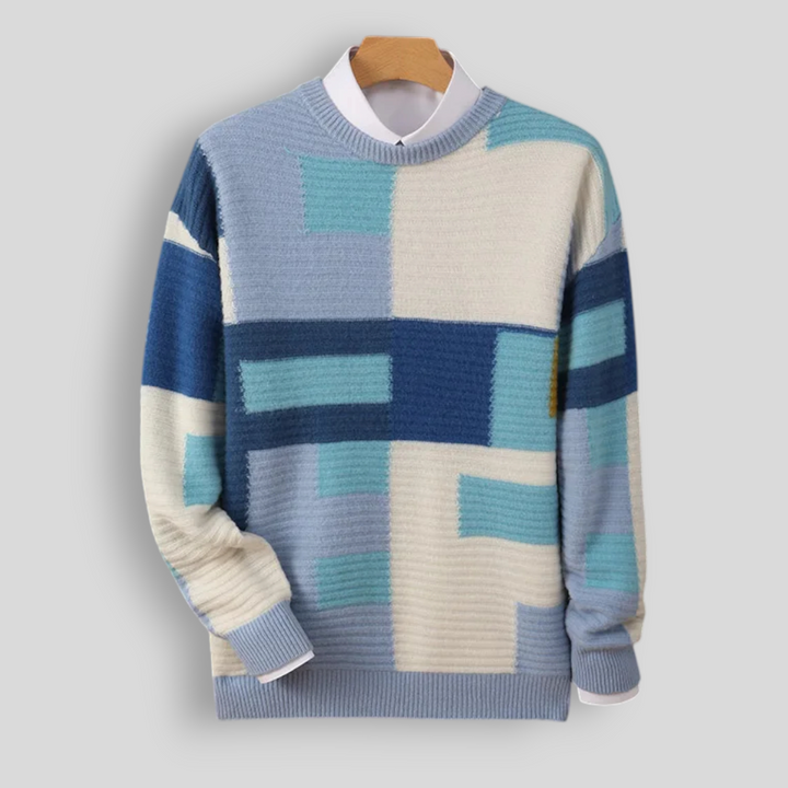 Sweter męski z 100% wełny merynosów – wzór geometryczny, okrągły dekolt