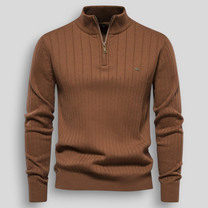 Męski sweter prążkowany z krótkim zamkiem pod szyją
