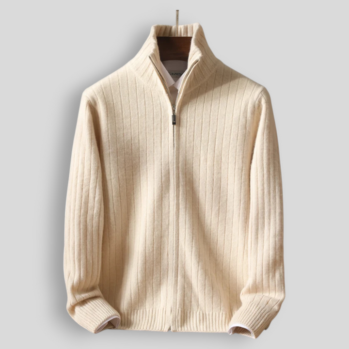 Sweter męski z 100% wełny merynosów ze stójką i zamkiem – prążkowany i stylowy