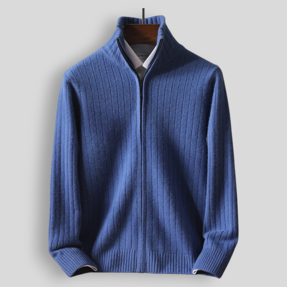 Sweter męski z 100% wełny merynosów ze stójką i zamkiem – prążkowany i stylowy