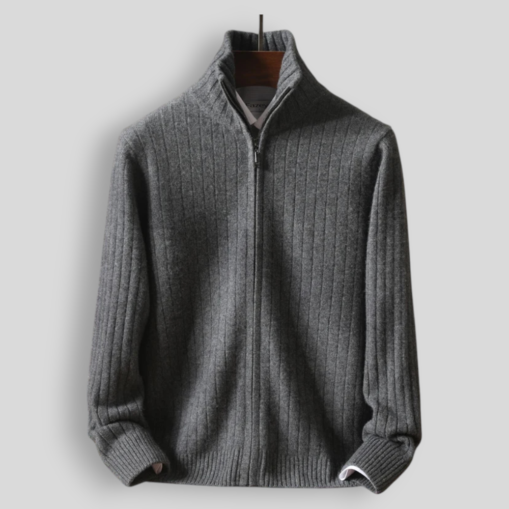 Sweter męski z 100% wełny merynosów ze stójką i zamkiem – prążkowany i stylowy